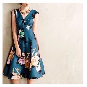 NWT Beautiful ANTHROPOLOGIE teal floral fit-and-flare dress; Size 2